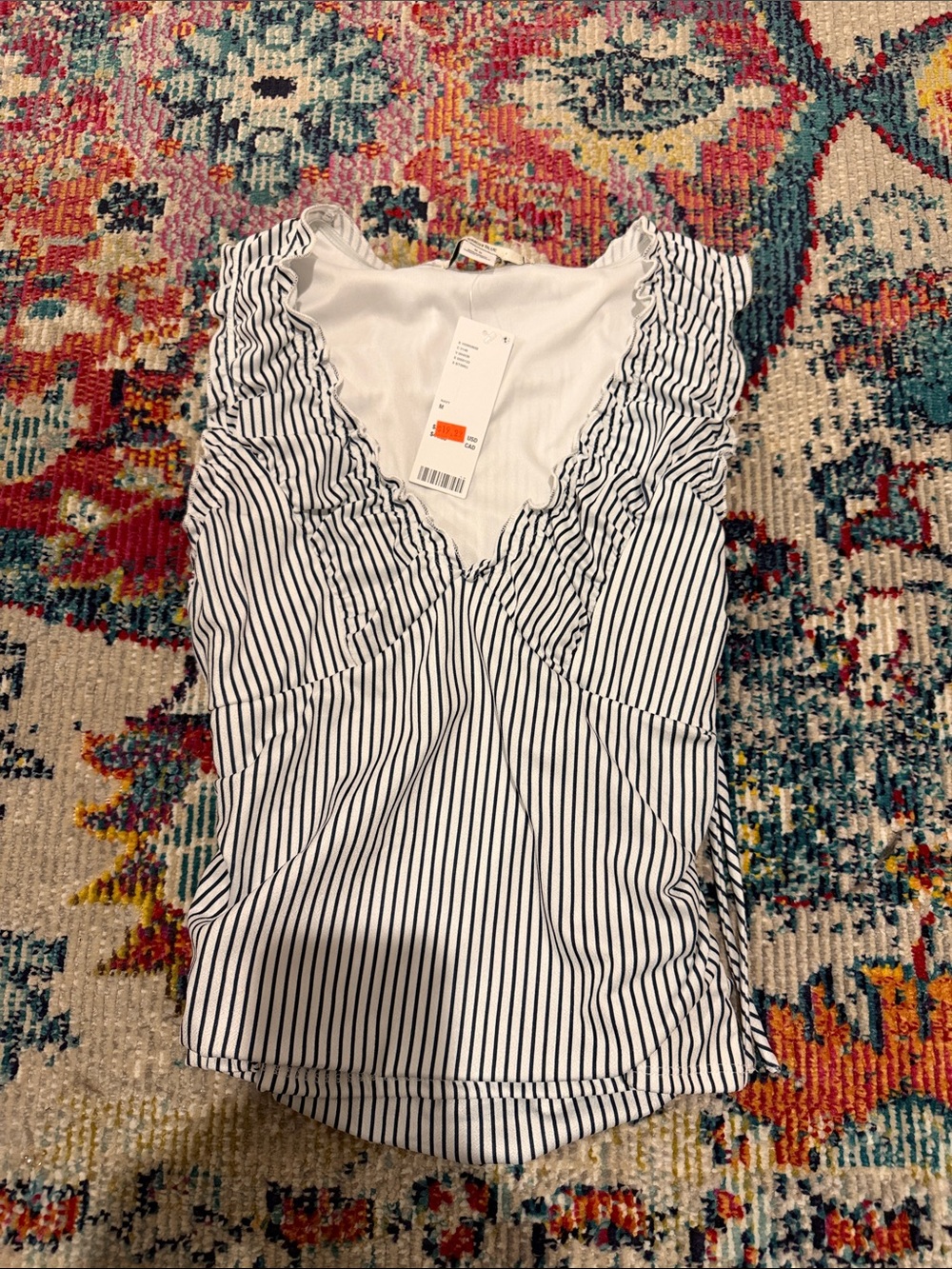 Urban Outfitters Black & White Striped Ruffle V-Neck Top